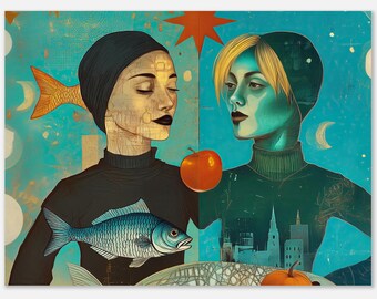 Contemporary Double Portrait | Surreal Fish Art | Teal Gold Graphic | Urban Aquarium Series Decor