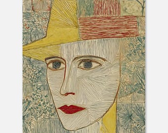 Abstract Woman Face Print | Folk Art Collage Poster, Yellow Green Wall Art