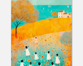 Folk Art Children Print | Wildflower Meadow, Coastal Village Poster | Nursery Decor
