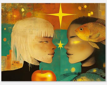 Surreal Couple Portrait Print | Fish Apple Teal Orange Gold Wall Art | Mid-Century Modern Poster