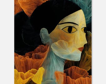 Abstract Woman Art Print | Teal Orange Sculptural Floral Figure | Bold Feminine Wall Art Poster
