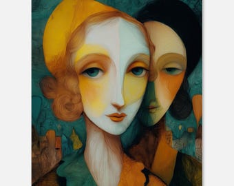 Two Women Portrait Print | Teal Floral Art Nouveau Poster | Modigliani Style