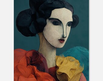 Art Deco Woman Print | Floral Portrait Wall Art | Teal Coral Yellow | Vintage Glamour Poster