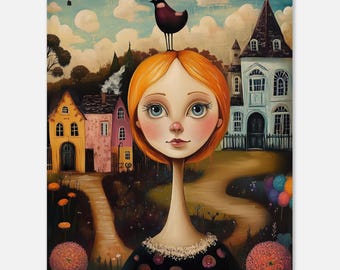 Big Eye Girl Art Print | Surreal Village Landscape | Bird on Head | Whimsical Naive Decor