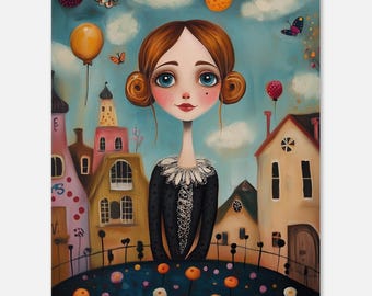 Surreal Girl Art Print | Big Eye Portrait | Whimsical Village Poster | Naive Folk Art Decor
