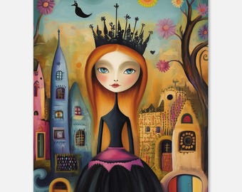 Whimsical Princess Portrait | Big Eye Girl Crown | Folk Art Village | Teal Orange Naive Poster