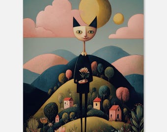 Whimsical Cat Person Print | Surreal Landscape Art | Village Hills Poster | Naive Folk Art Decor