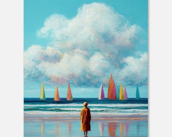Naive Art Print, Colorful Ocean Sailboats, Whimsical Coastal Wall Art Poster
