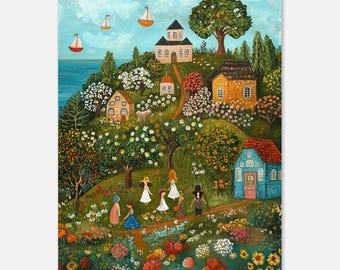 Naive Whimsical Art Print: Colorful Landscape Poster