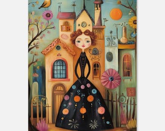 Whimsical Girl with Houses Print | Folk Art Poster | Fairy Tale Village | Colorful Nursery Decor