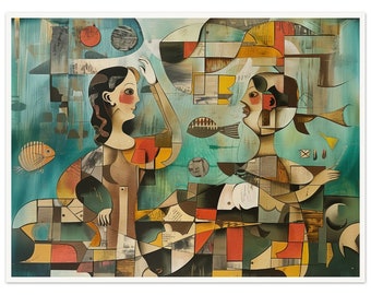 Cubist Mermaids Art Print | Abstract Geometric Fish | Teal Orange Modern | Mid Century Wall Decor