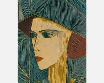 Art Deco Woman Portrait Print, Teal Mustard Geometric Wall Art, 1920s Woodcut Style Poster