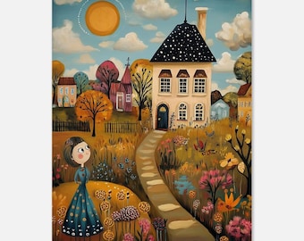 Autumn Garden Girl Print | Whimsical Village Art | Folk Art Poster | Orange Teal Fall Decor