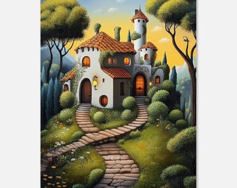 Fairytale Cottage Print | Garden Path Villa Art | Glowing Windows Poster | Whimsical Mediterranean Landscape Decor