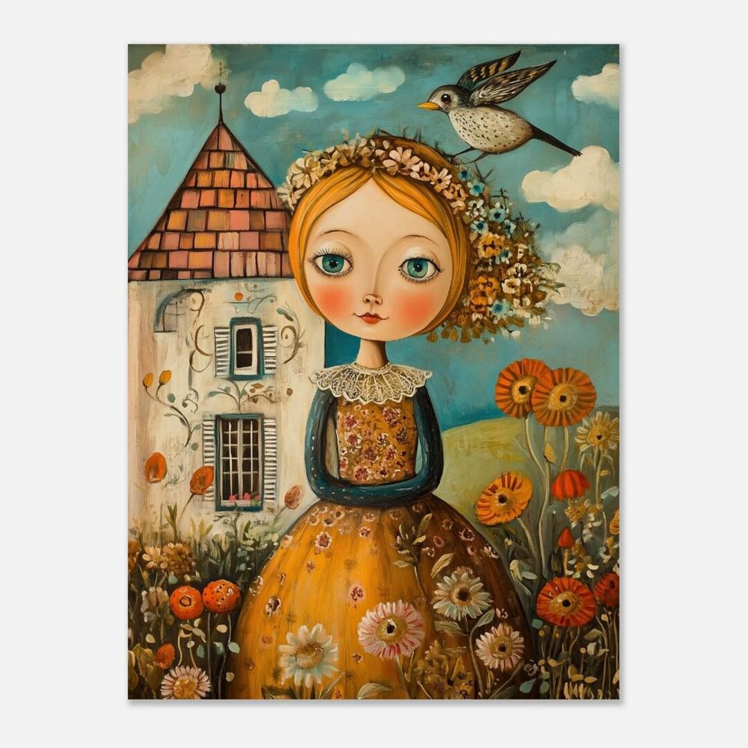 Folk Art Girl Print | Big Eye Portrait | Flower Garden Cottage | Orange ...