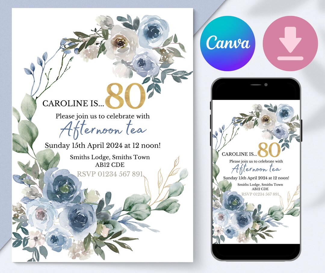 Eighty 80th Birthday Party Invitation | Floral Blue Gold | Editable ...