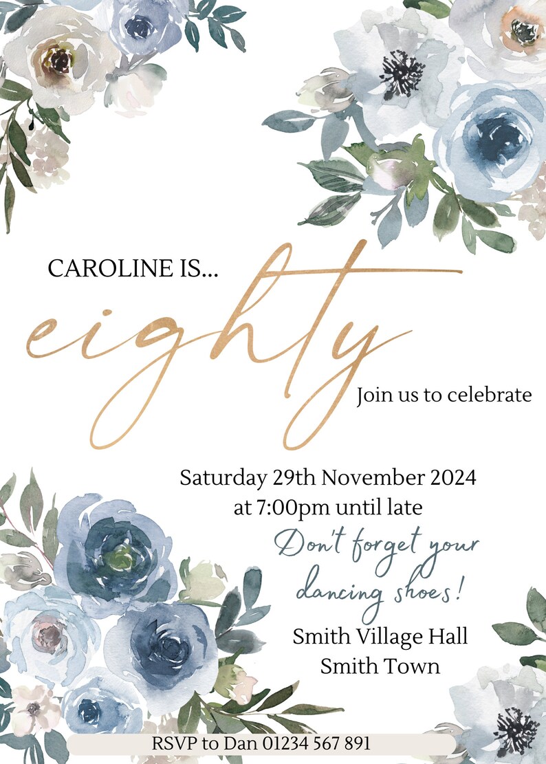 80th Eighty Birthday Party Invitation | Floral Blue Gold | Editable ...
