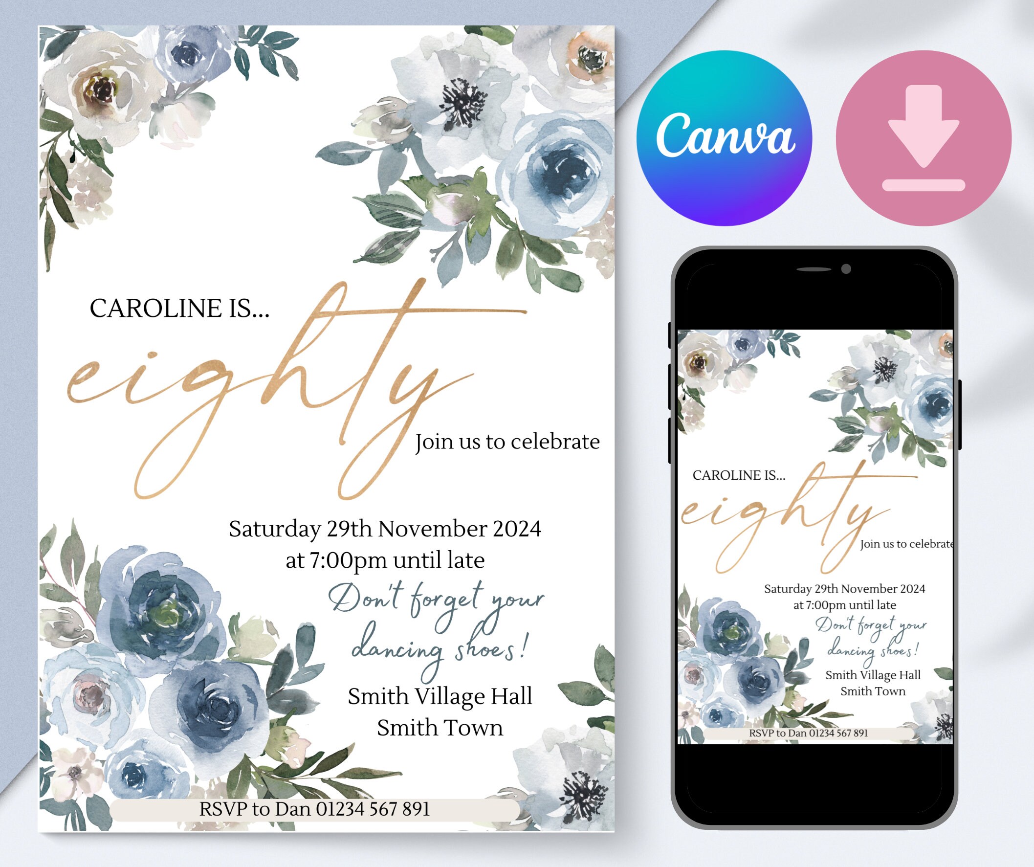80th Eighty Birthday Party Invitation Floral Blue Gold Editable ...
