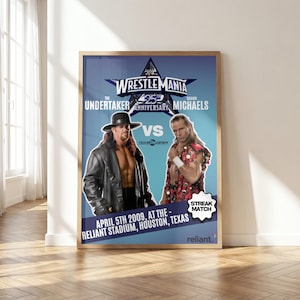 May include: A framed poster for WrestleMania 25, featuring The Undertaker vs. Shawn Michaels. The poster has a blue background with the event title and the date, April 5th, 2009, at Reliant Stadium, Houston, Texas. The poster is in a wooden frame.