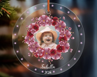 Personalized Girl Baby Birthday Photo Ornament, Holiday Christmas Xmas Gift, New Year Gift, Custom Girl Baby Name Ornament, Newborn Ornament