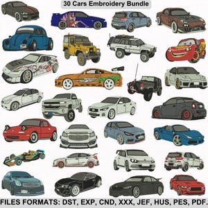 Könnte beinhalten: Ein Bündel mit 30 Stickmustern, die verschiedene Automodelle zeigen. Die Designs umfassen einen roten Rennwagen, einen blauen Sportwagen, einen schwarzen LKW, eine weiße Limousine und einen gelben Jeep. Die Designs sind in verschiedenen Stilen und Farben gehalten. Der Text "30 Cars Embroidery Bundle" befindet sich oben im Bild. Der Text "FILES FORMATS: DST, EXP, CND, XXX, JEF, HUS, PES, PDF." befindet sich unten im Bild.