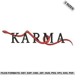Karma broderidesign, maskinbroderifiler med röd tråd, minimalistisk ordkonst, 3 storlekar, direktnedladdning