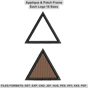 May include: Two black-outlined triangle applique designs. The top triangle is empty, while the bottom triangle is filled with a brown textured pattern. Text at the top reads "Applique & Patch Frame Each Logo 10 Sizes."