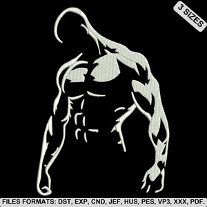 May include: An embroidery design featuring a white, stylized outline of a muscular torso on a black background. The text 3 SIZES appears in the top right corner, and the text FILES FORMATS: DST, EXP, CND, JEF, HUS, PES, VP3, XXX, PDF. is at the bottom.