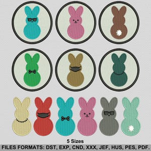 May include: A collection of colorful Easter bunny embroidery designs. Each bunny is inside a white circle with a black border. The bunnies are in various colors, some wearing accessories like sunglasses, bow ties, and masks. The text "5 Sizes" is at the bottom.