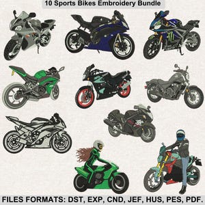 10 Sports Bike Embroidery Designs Bundle, Ninja, Hayabusa, Yamaha, Honda, Biker Girl & Boy, Machine Embroidery, 6x6 Hoop, Instant Download