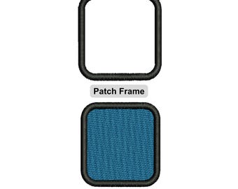 May include: Two square embroidery frames, one open and one filled with blue fabric texture, are displayed on a white background. The top frame is labeled "Applique Frame," and the bottom is labeled "Patch Frame." Text at the bottom reads "Each Logo 10 Sizes."