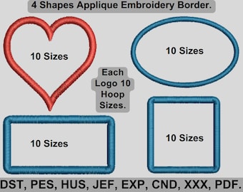 4 Shapes applique embroidery designs, Basic shapes Applique Embroidery Files, Heart, Oval, Rounded, Each Logo 10 Sizes - Instant download