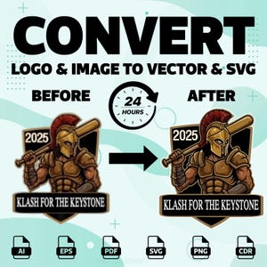 May include: Image showing the conversion of a logo or image to vector and SVG formats. The graphic features a before-and-after comparison with a Roman soldier holding a baseball bat. Text includes "CONVERT," "LOGO & IMAGE TO VECTOR & SVG," and file type icons.