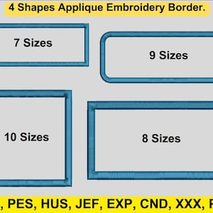 Può includere: Quattro forme diverse di bordi di ricamo applicato in blu. Ogni bordo ha un numero diverso di dimensioni disponibili: 7, 9, 10 e 8. Il testo "DST, PES, HUS, JEF, EXP, CND, XXX, PDF." è nella parte inferiore dell'immagine.