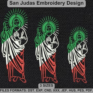 May include: Embroidery design of San Judas Tadeo, a Catholic saint, with a green, white, and red background. The design is available in three sizes and multiple file formats.