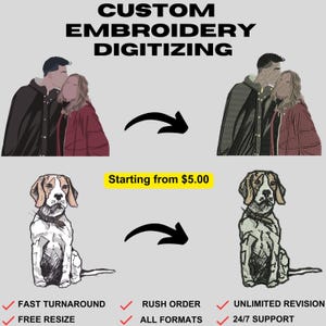 Könnte beinhalten: Individuelle Stickerei-Digitalisierung ab 5,00 $. Das Bild zeigt ein Paar im Cartoon-Stil, einen Hund im Skizzen-Stil und die digitalisierte Version des Hundes im gestickten Stil. Der Text "FAST TURNAROUND", "FREE RESIZE", "RUSH ORDER", "ALL FORMATS", "UNLIMITED REVISION" und "24/7 SUPPORT" ist ebenfalls enthalten.