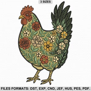 Floral Chicken Embroidery Design, Floral Chicken Machine Embroidery Design, Rustic Country Chicken Embroidery, 3 Sizes, Instant Download.