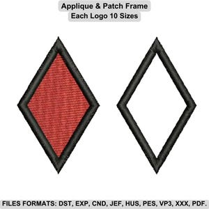 Puede incluir: Dos diseños de marco de aplique y parche en forma de diamante. Uno está relleno de tela roja texturizada y delineado en negro. El otro es un diamante vacío con un contorno negro. El texto en la parte superior dice "Applique & Patch Frame Each Logo 10 Sizes."