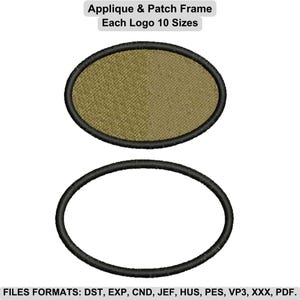 Puede incluir: Imagen de dos marcos ovalados para apliques y parches. El marco superior está relleno de una tela verde oliva texturizada y delineado en negro. El marco inferior es un contorno negro. El texto en la parte superior dice "Applique & Patch Frame Each Logo 10 Sizes."