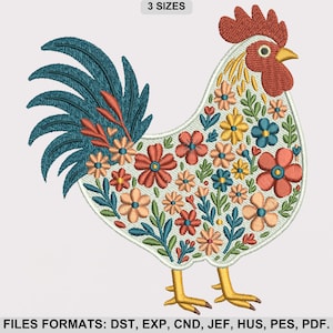 Floral Chicken Machine Embroidery, Rooster Machine Embroidery Pattern, Rustic Country Chicken Embroidery, 3 Sizes, Instant Download.