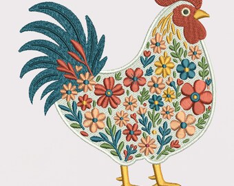 May include: A colorful rooster embroidery design with a blue tail and red comb, covered in a pattern of flowers in shades of pink, red, yellow, and blue.