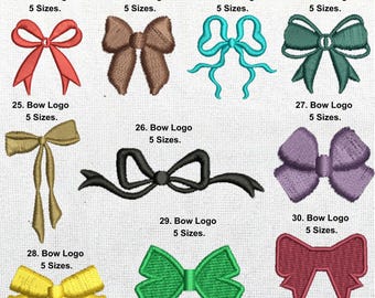 Set of 10 Styles Mini Bow Embroidery Design , Simple bow embroidery, Ribbon Bow Embroidery, Each Logo 5 Different Sizes - Instant download