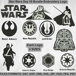 Puede incluir: Logo de bordado Star Wars Day 10 Bundle. Un conjunto de 10 diseños de bordado en blanco y negro con personajes y logotipos de Star Wars. Los diseños incluyen la Alianza Rebelde, la Nueva República, la Orden Jedi, el Imperio Galáctico, la Primera Orden y la República Galáctica. Cada logotipo está disponible en dos tamaños. Formatos de archivo: DST, EXP, CND, XXX, JEF, HUS, PES, PDF.