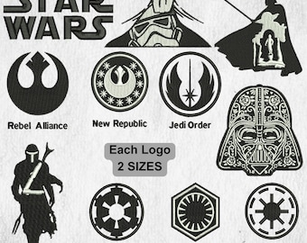 Paquete de diseños de bordado inspirados en Star Wars: logotipo de la Alianza Rebelde, Nueva República, República Galáctica, 10 logotipos en 2 tamaños, descarga instantánea.