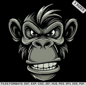 Peut inclure: Un motif de broderie numérique représentant un visage de chimpanzé gris monochrome stylisé avec une expression intense, des dents découvertes et des détails de fourrure. Le graphique inclut le texte 3 SIZES et une liste de formats de fichiers : DST, EXP, CND, JEF, HUS, PES, VP3, XXX, PDF.