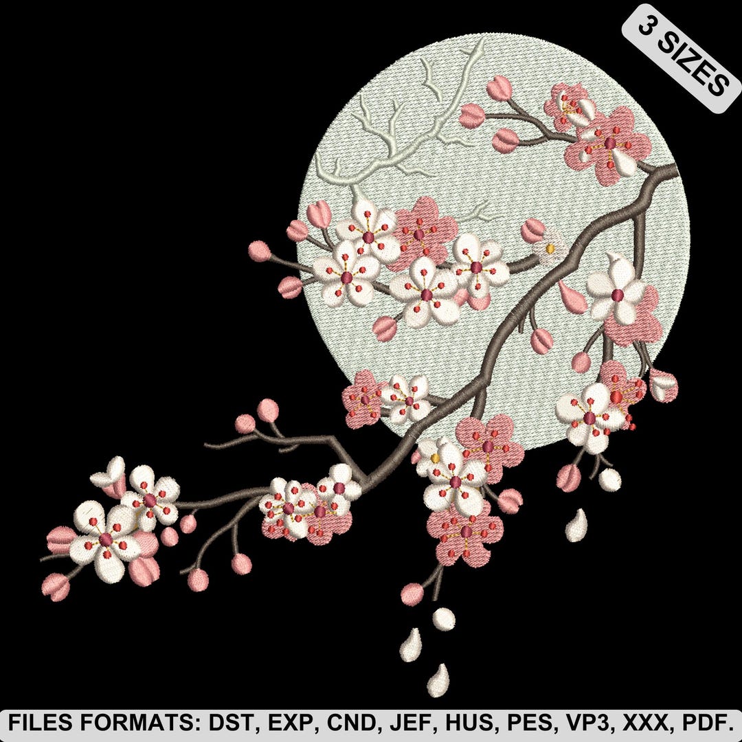 Cherry Blossom Embroidery Design, Sakura Branch Moon, Japanese Floral ...