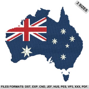 May include: An embroidery design of the Australian continent map filled with the Australian flag pattern, featuring a dark blue background, a red and white Union Jack in the top left, and white seven-pointed stars. Text reads 3 SIZES and FILES FORMATS: DST, EXP, CND, JEF, HUS, PES, VP3, XXX, PDF.
