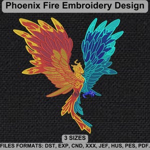 Color full Phoenix Embroidery Logo, Ice Embroidery Design, Ice Phoenix Embroidery Design, Dual Color Wings Logo, 3 Sizes, Digital Download