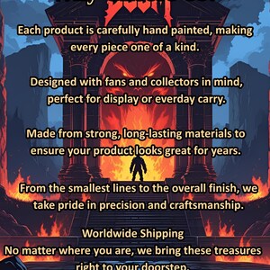 May include: An illustrated advertisement with the text "Why Choose Us?" in a stylized font. The image features a fiery background and text highlighting product features, including hand-painted details and strong materials. The Instagram handle "doomtrade" is also displayed.