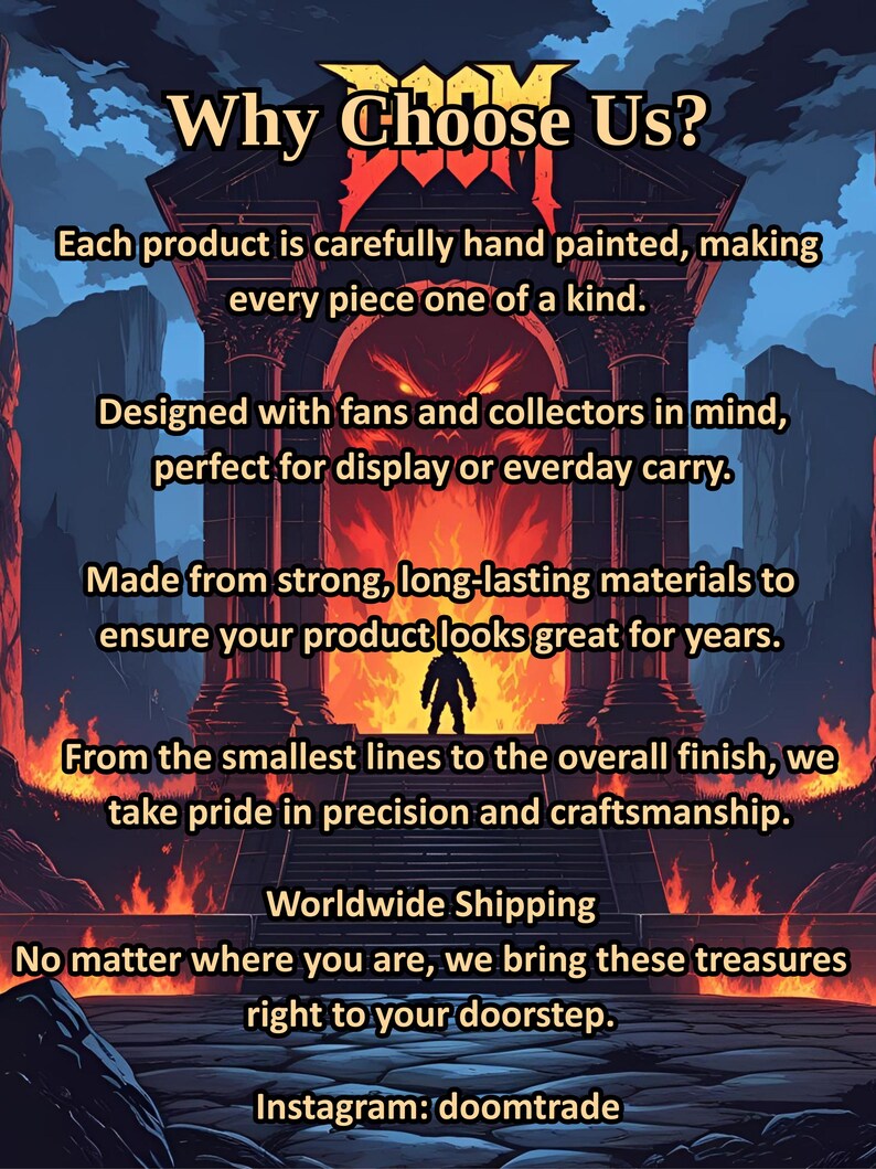 May include: An illustrated advertisement with the text "Why Choose Us?" in a stylized font. The image features a fiery background and text highlighting product features, including hand-painted details and strong materials. The Instagram handle "doomtrade" is also displayed.